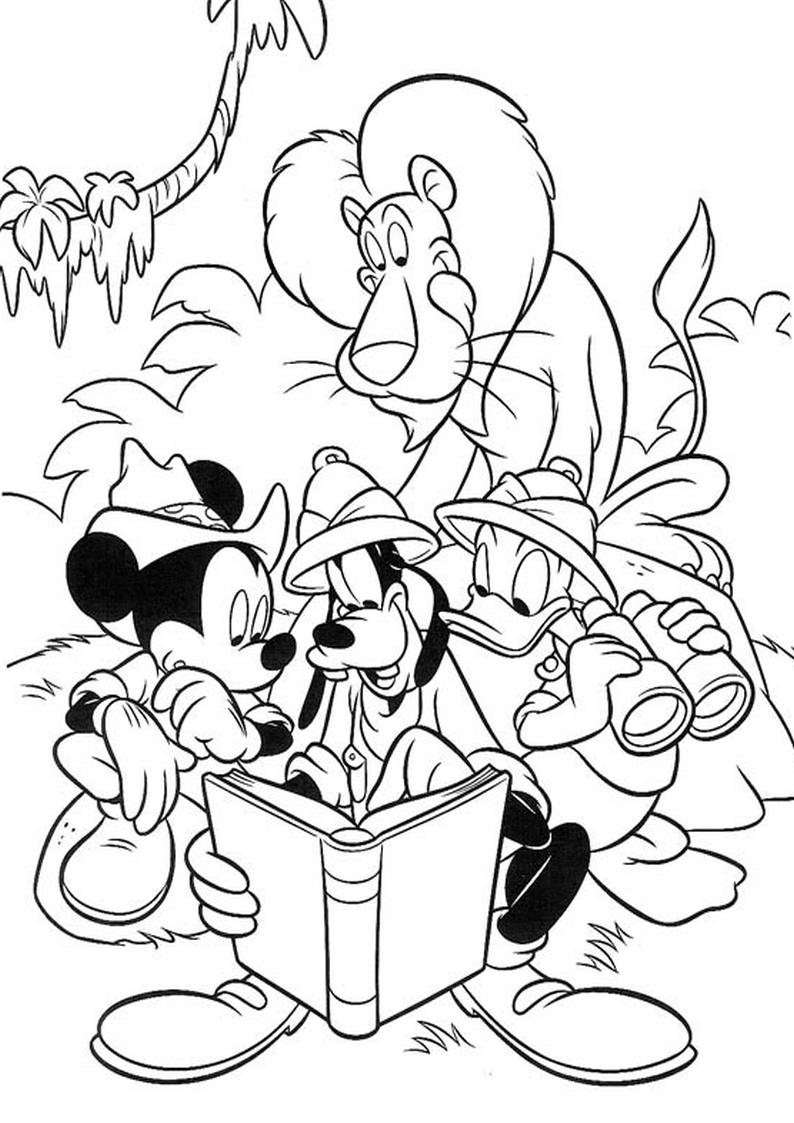 kolorowanka Myszka Miki, Goofy, Kaczor Donald i lew, malowanka do wydruku dla dzieci nr 36
